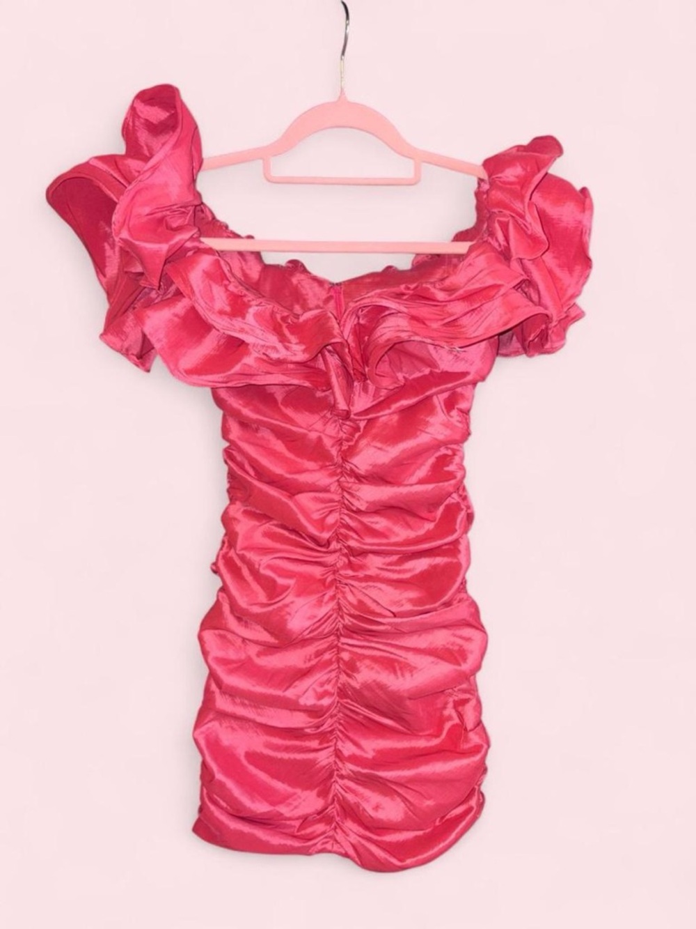 Oh Polly Coral Pink Off-Shoulder Ruched Mini Dress